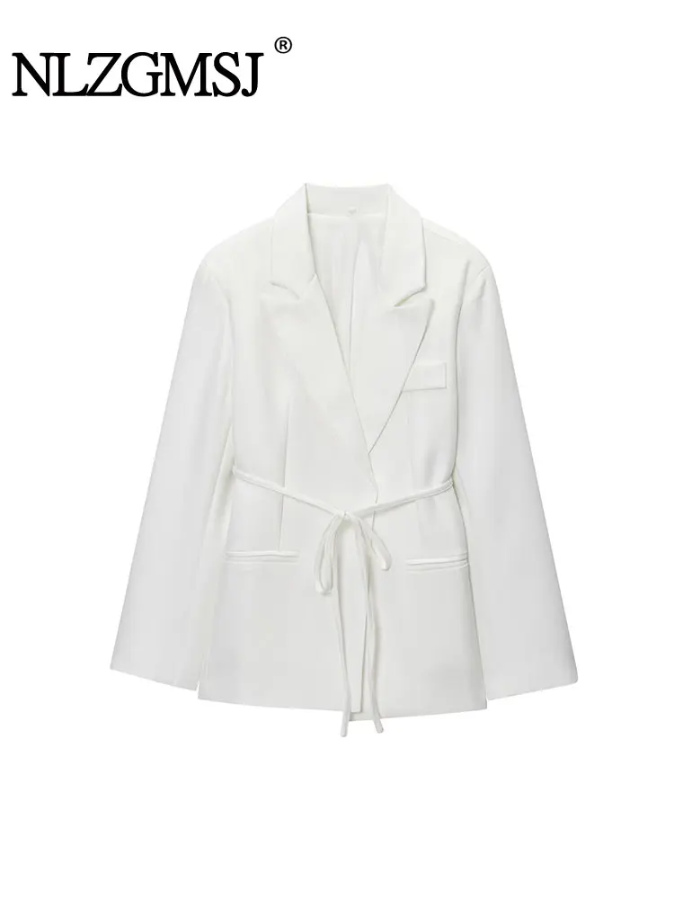

NLZGMSJ 2025 Chic Women Blazer Solid V Neck Long Sleeve Lace-up Pockets Straight Blazer Fashion Office Lady Blazers