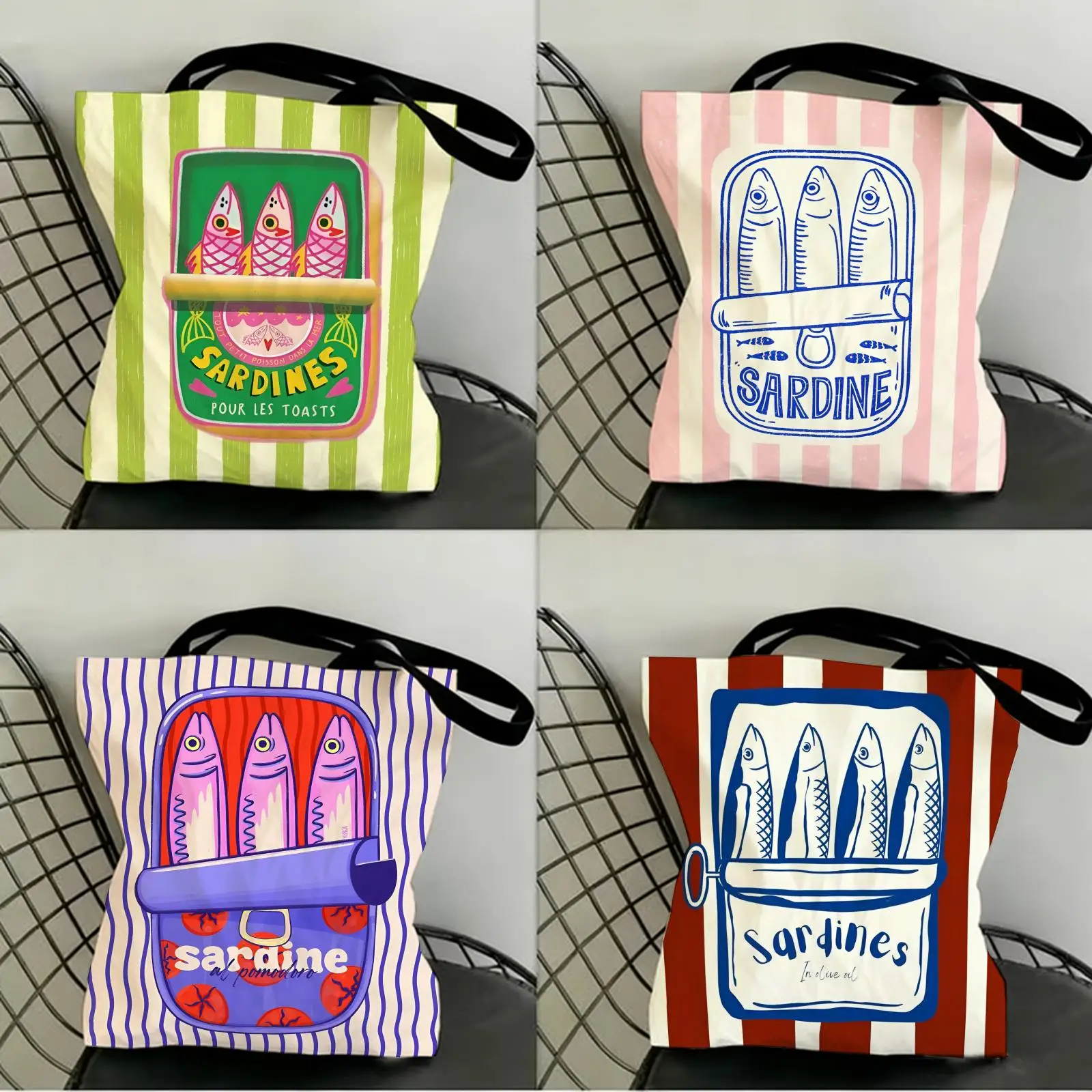 Bolsas de Almacenamiento para Latas de Sardinas Estilo Costero, Bolsas de Compras de Lona con Estampado a Doble Cara, Bolsos de Mano Ecológicos para Regalo