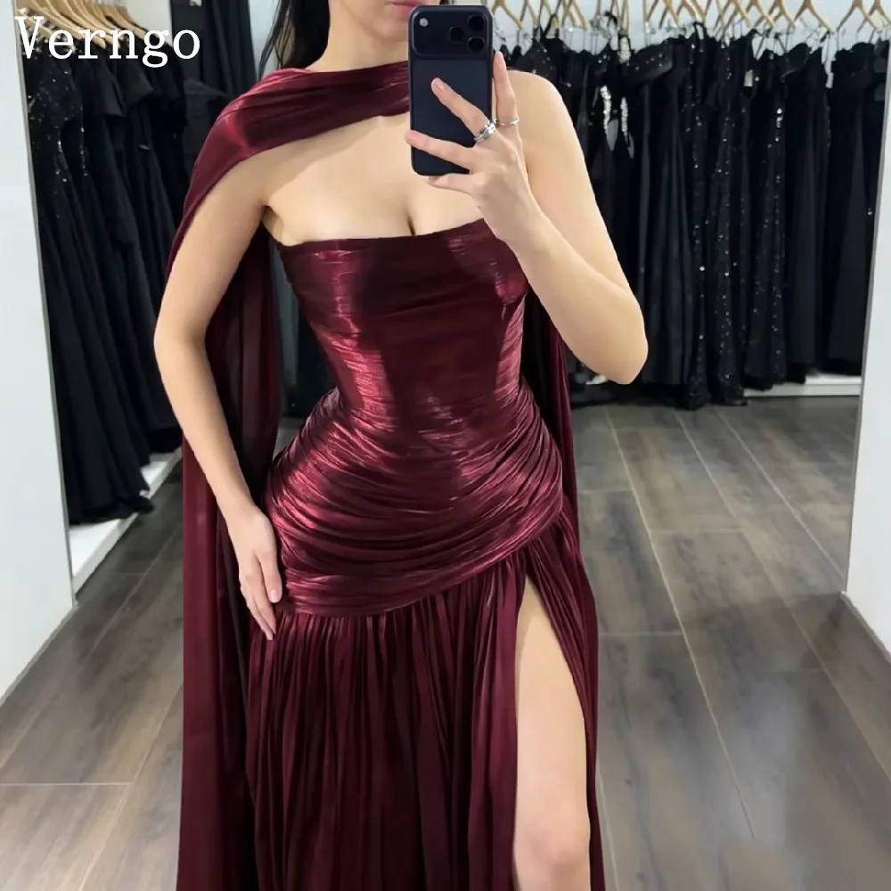 Verngo Sexy Burgundy Chiffon Evening Dress A Line Pleated Party Dress Scarf Side Slite Wedding Party Prom Gowns Customized
