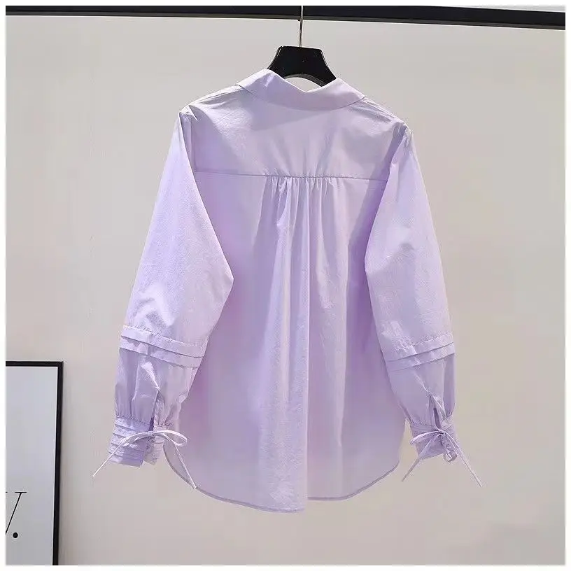 High-end 100% Pure Cotton Wrinkle Tied Long Sleeved Shirt for Women\'s Loose Slimming 2024 Spring Autumn Temperament Trendy Top