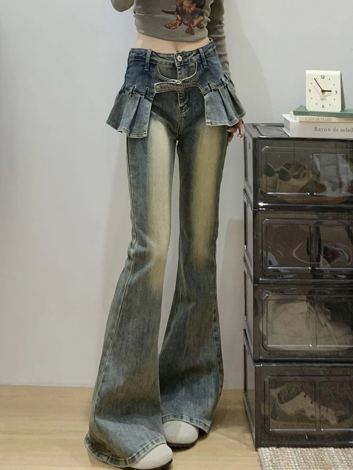 

Retro Money Sle Fake Two-Piece Butt Curtain Denim Pants Women's Millennium Spicy Girl -Striped Skirt Pants Slimming Bel...