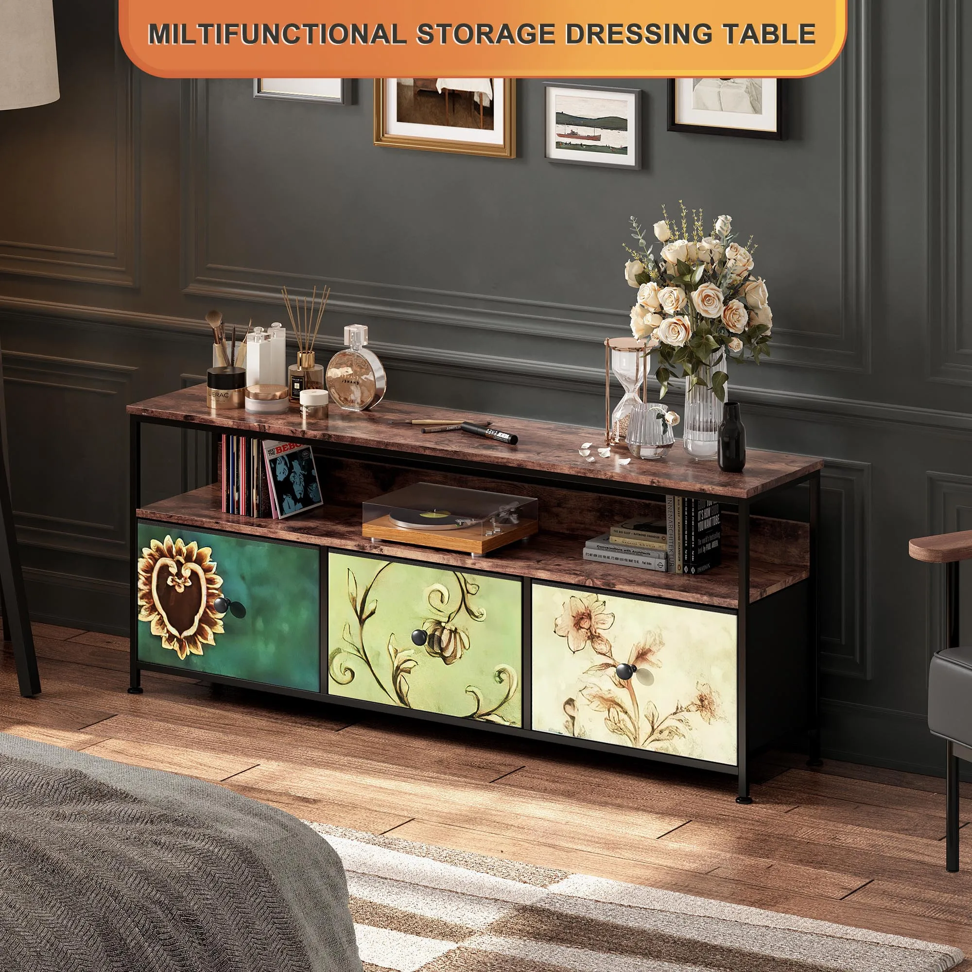 LED TV 스탠드, 캐비닛, 서랍 및 선반이 있는 TV 스탠드, RGB LED 조명, 거실 색상 조절 가능, 137x30x57cm