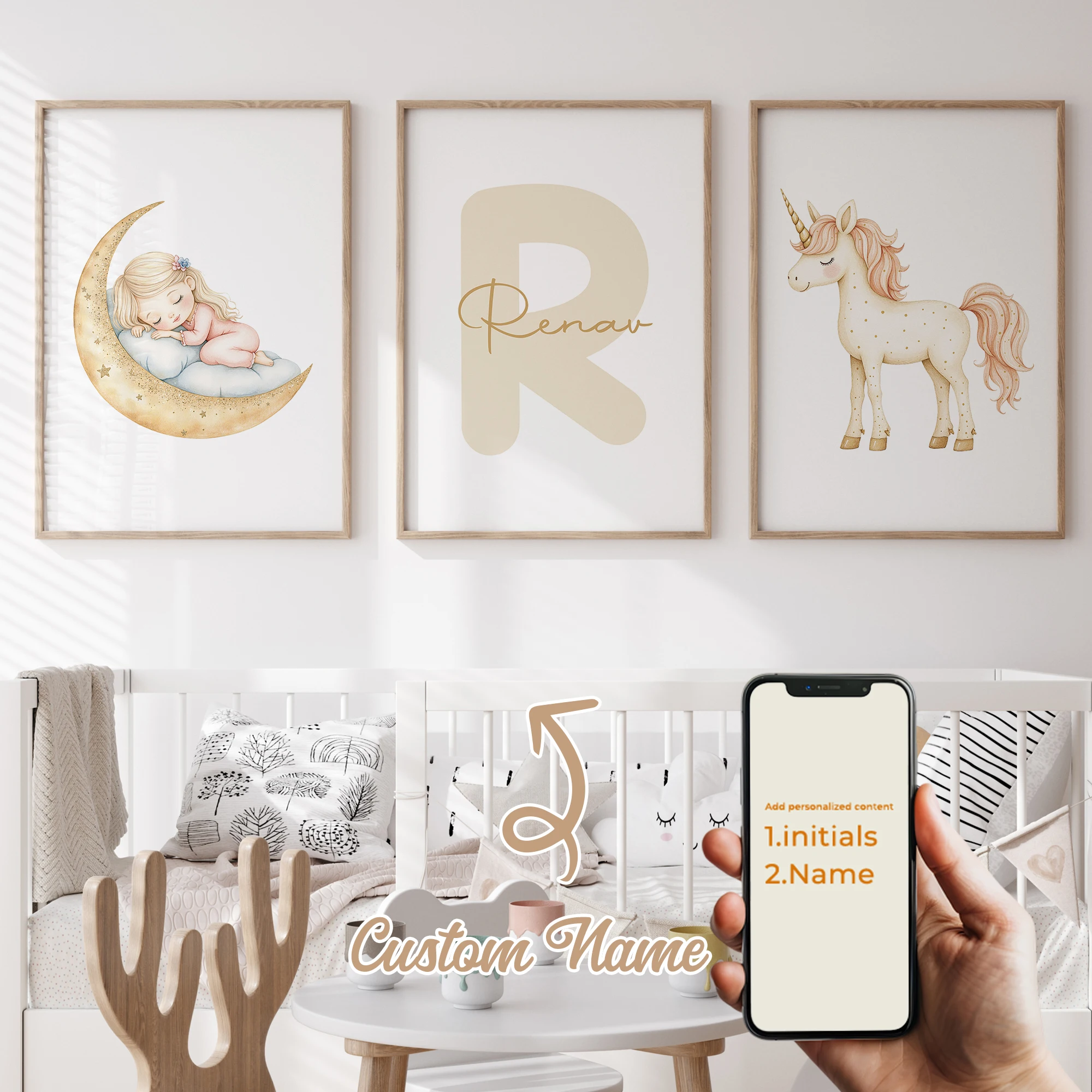 

3pcs Personalized Custom Name Cartoon Moon Princess Wall Art Print Picture Canvas Poster Painting For Living Room Home Decor