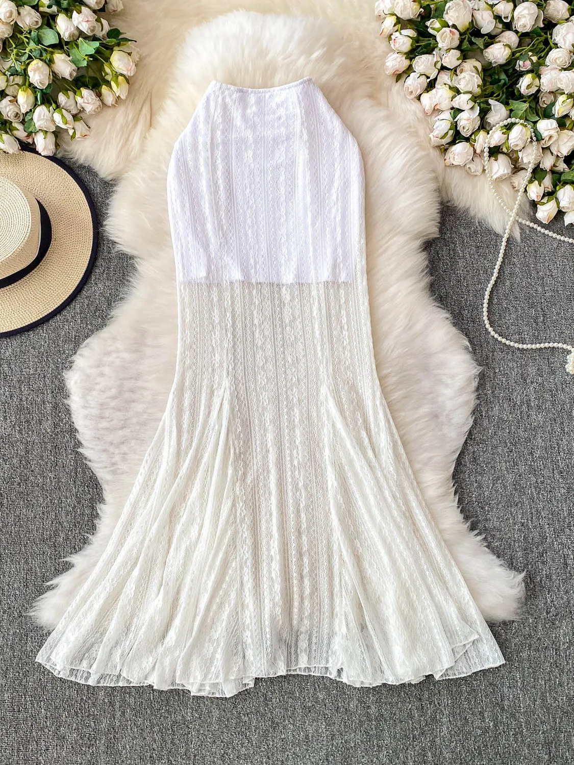 Falda blanca de cintura alta con encaje y cola de pez para mujer, vestido largo e, cole adeazante, novedad de ve...