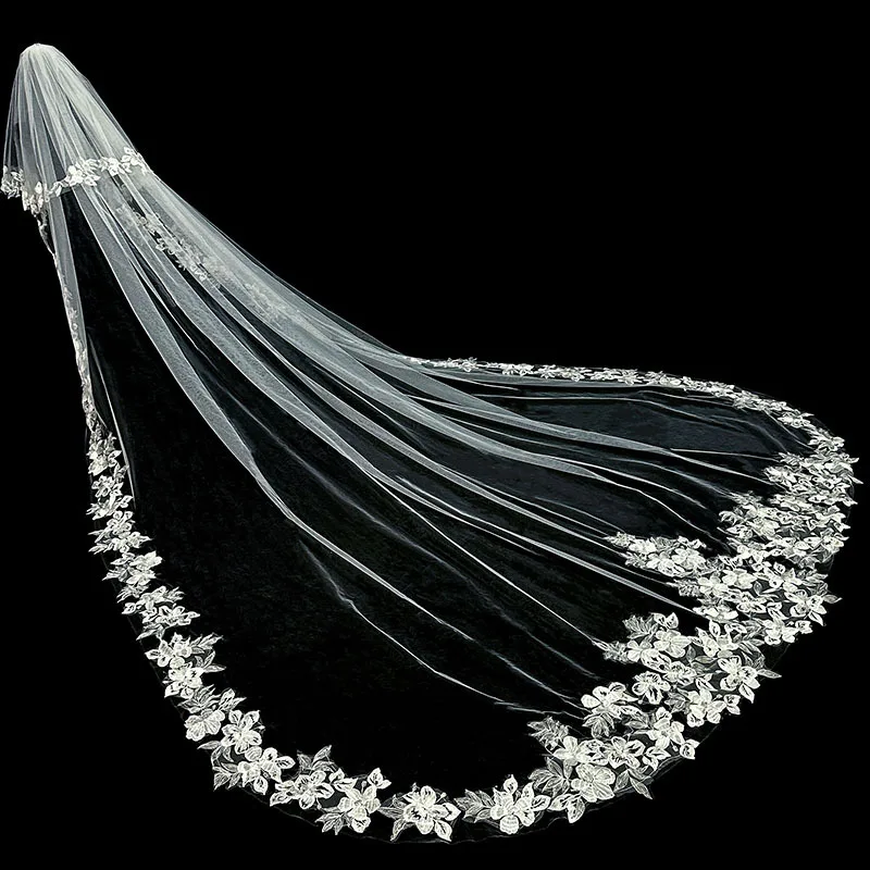 Luxury Lace Bridal Veils with Appliques 3.5m Cathedral Length New Wedding Veils Vestido De Noiva Longo Accessorie