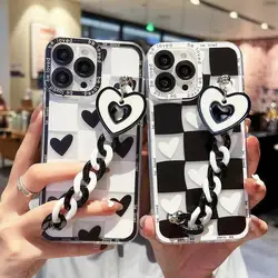 Plaid Love Heart Bracelet Chain Case for Xiaomi Redmi Note 13 Pro 5G 12 4G 11 10 9 12 13 Pro Plus 12S 11S Redmi 12 13C TPU Cover