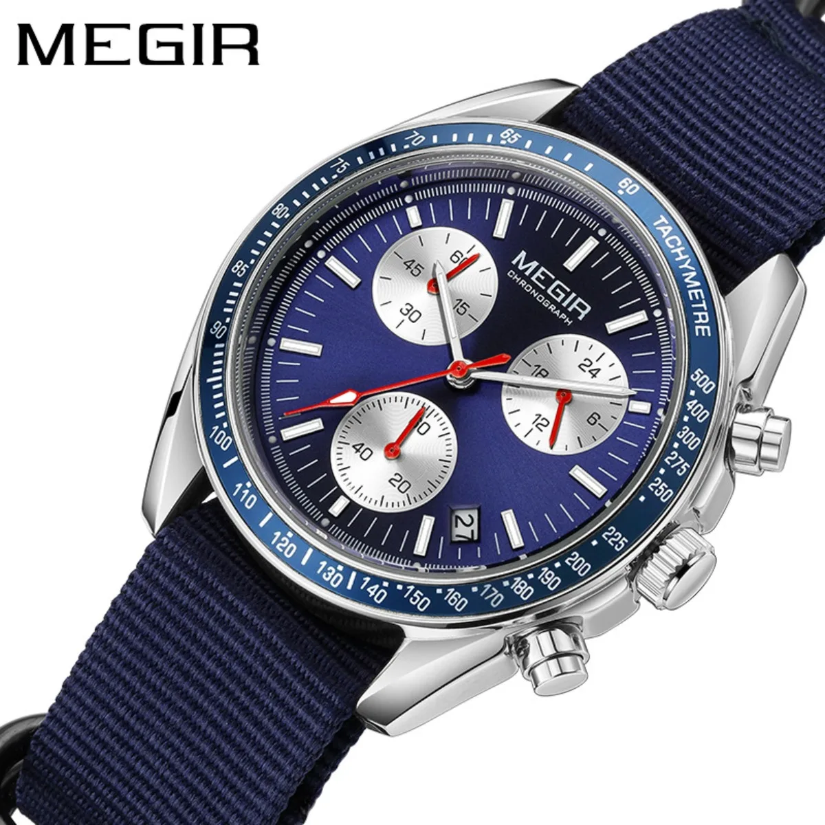 MEGIR New Luxury Men's Watches Canvas Weaving Strap Sport Automatic Chronograph Quartz Waterproof Wristwatch for Male 2247