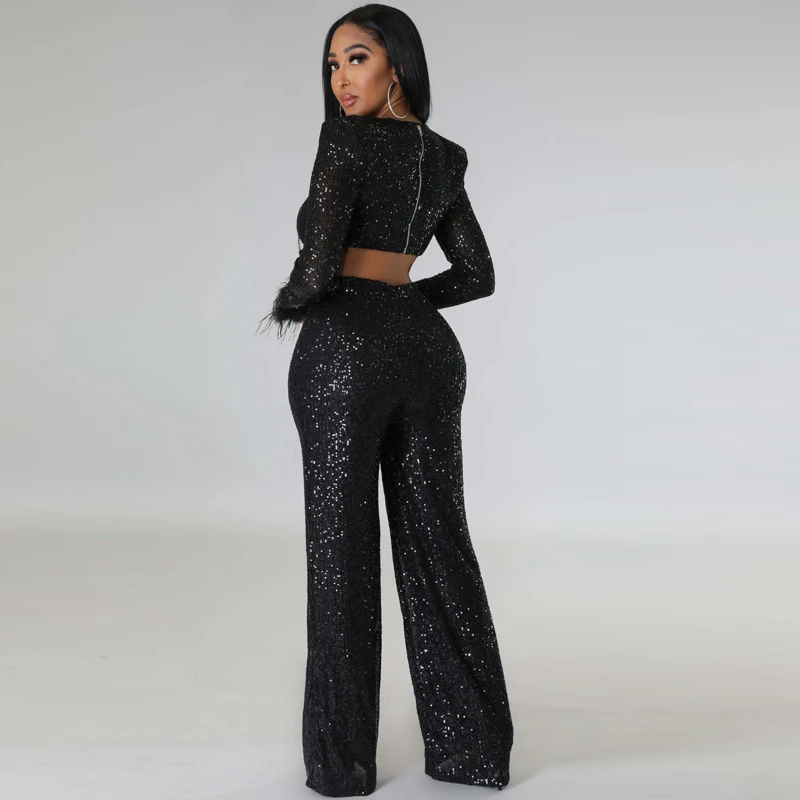 Ladies Sexy and Fashionable Long Sleeved Sequin Feather Wide Leg Pants With Hollow Out Slim Fit Socialite Party Club Jumpsuit