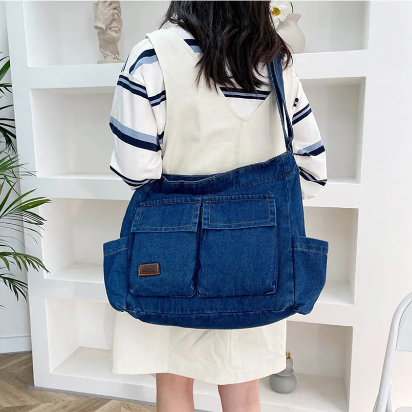 Denim Unisex Retro Jean Large Capacity Multiple Pockets Blue Messenger Crossbody Bag Handbag Letter Shoulder Shopper Women Purse