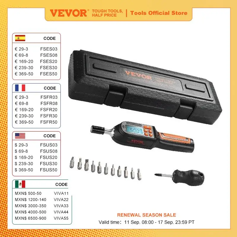 VEVOR kunci pas torsi Digital 1/4 inci, obeng torsi Digital dengan Mata & wadah obeng torsi listrik dengan LCD