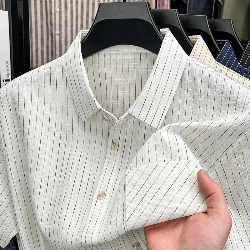 Personality striped short sleeve men's shirt high-quality fashion comfort pocket new summer luxury breathable casual lapel top