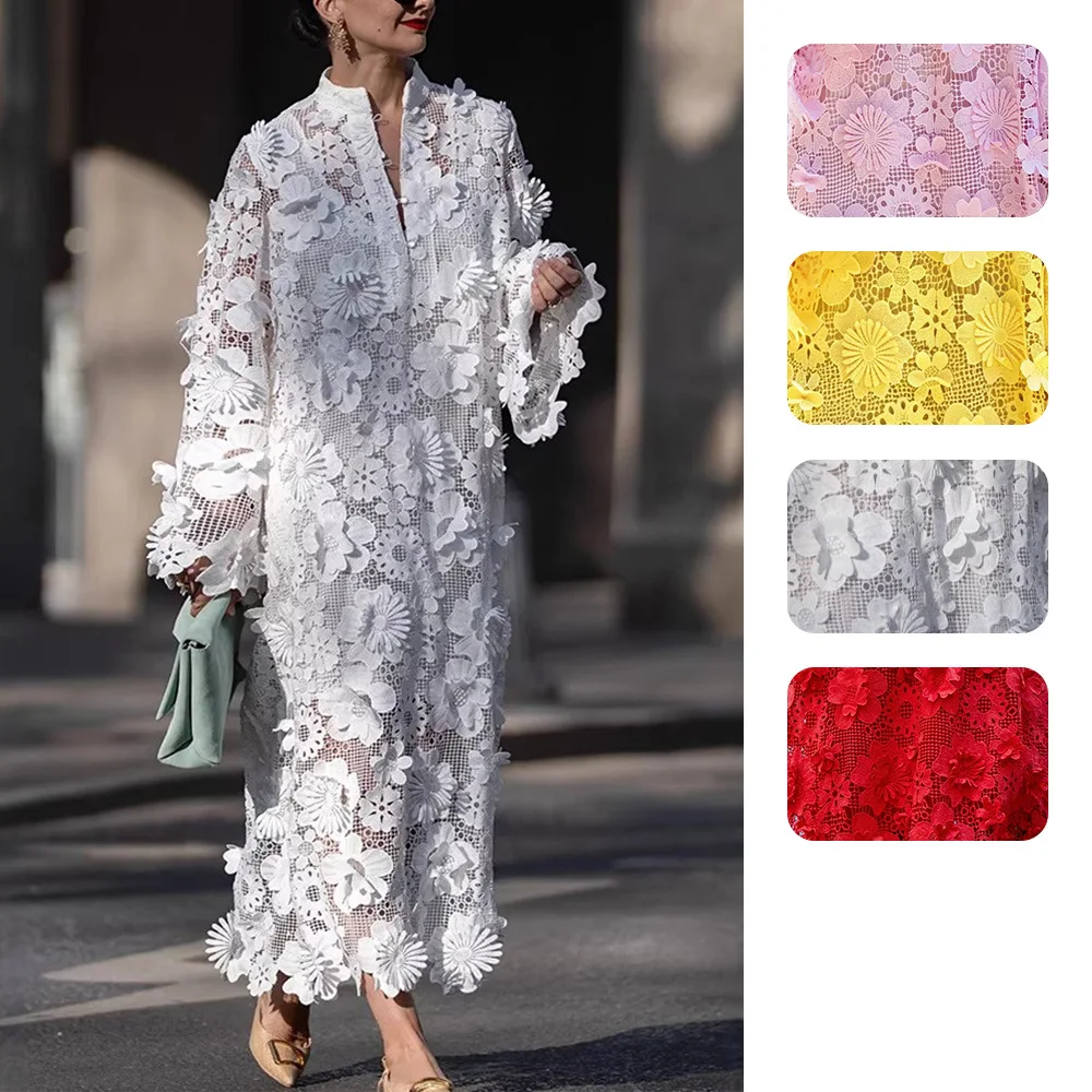 Fashion Hollow Out Solid Color Round Neck Long Sleeve Loose Dress Dresses Spring Summer