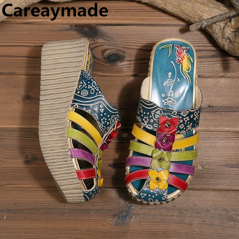 Careaymade-Folk style Head layer cowhide pure handmade Carved shoes, the retro art mori girl shoes,Women\'s casual Sandals 9color
