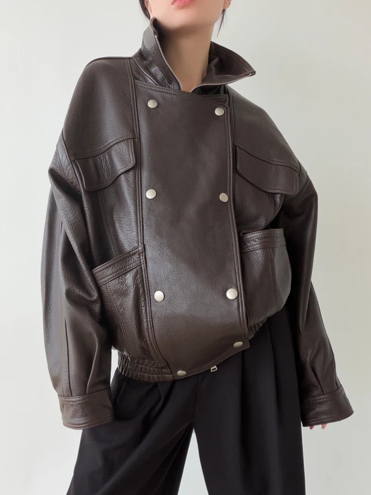 Kurtki motocyklowe damskie ze skóry naturalnej vintage na jesień i zimę 2025, nowe, luksusowe, proste, luźne, typu bubble, z prawdziwej skóry owczej.
