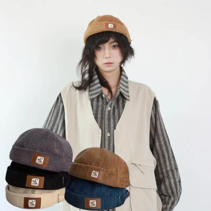 

Beanie Hats Adjustable Brimless Caps For Men Women Corduroy Dome Vintage Soild Color Landlord Hat Spring Autumn Melon Cap
