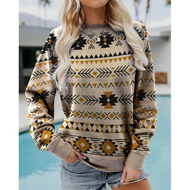 เสื้อสเวตเชิ้ตลายเรขาคณิตแบบพิมพ์ 3 มิติ สไตล์ลำลองสำหรับผู้หญิง แขนยาวแบบแร็กแลน มีฮู้ด สไตล์ Y2k เสื้อฮาราจูกุ เสื้อผ้าผู้หญิง