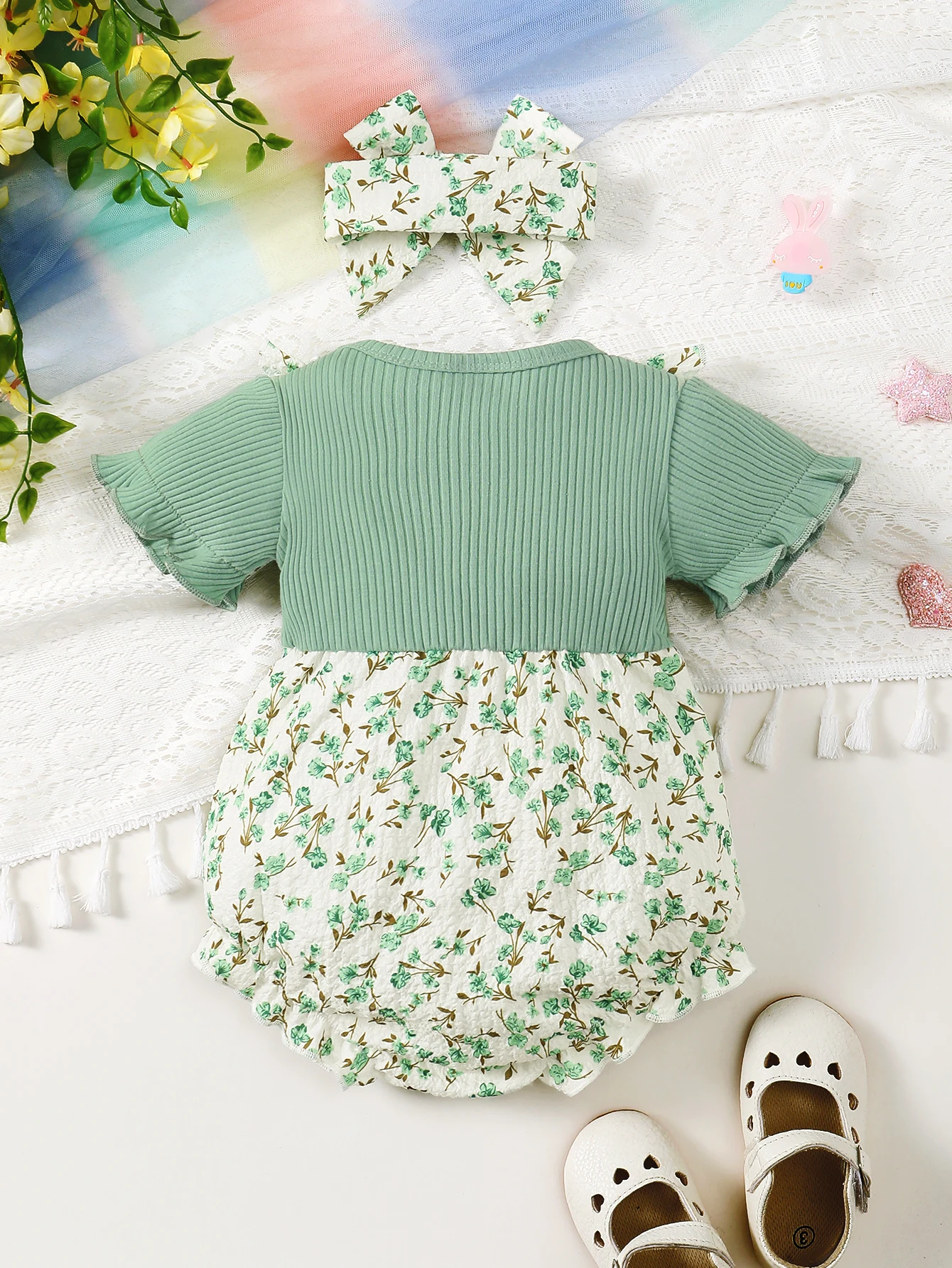 Baby Girl Summer Cute And Fresh Small Floral Texture Crepe Fabric Round Neck Fly Sleeve Ruffle Edge Jumpsuit And Headband