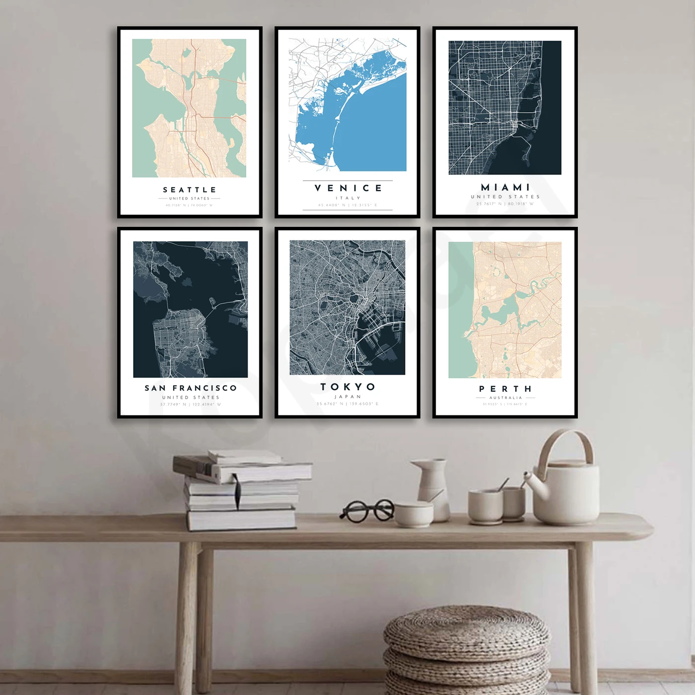 Перт, Лондон, Токио, Копенгаген, Бангкок, Каир, Сан-Франциско, Буэнос-Айрес, Венеция, Майами, Сиэтл. Карта города. Домашний Настенный декор художественный плакат