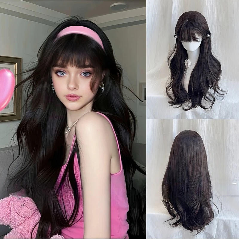 

Wig Woman, Stylish Black Big Wave Long Curly Hair Daily Simulation Scalp Rose Intranet Full Head Wig