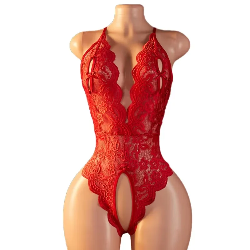 

Sexy Red Crotchless Lingerie Women Lace Hollow Bra Set Transparent Erotic Costumes Deep V Open Bra Woman Sexy Underwear Set