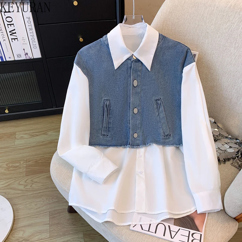 Fake Two-piece Patchwork Denim Shirt Women\'s 2024 New Spring Autumn Fashion Long Sleeve Loose Oversize Blouse Womens Tops Blusas