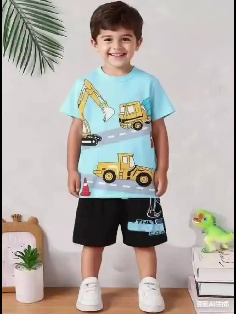 

Boys' Architectural Themed Casual Outfit, Light Blue Excavator Pattern T-shirt and Black Shorts Set, Polyester Blend,