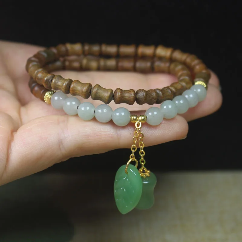 Green Sandalwood Bamboo Joint Double Circle Buddhist Bead Bracelet with Green Leaf Pendant, Forest Style Simple DIY Handmade Bea
