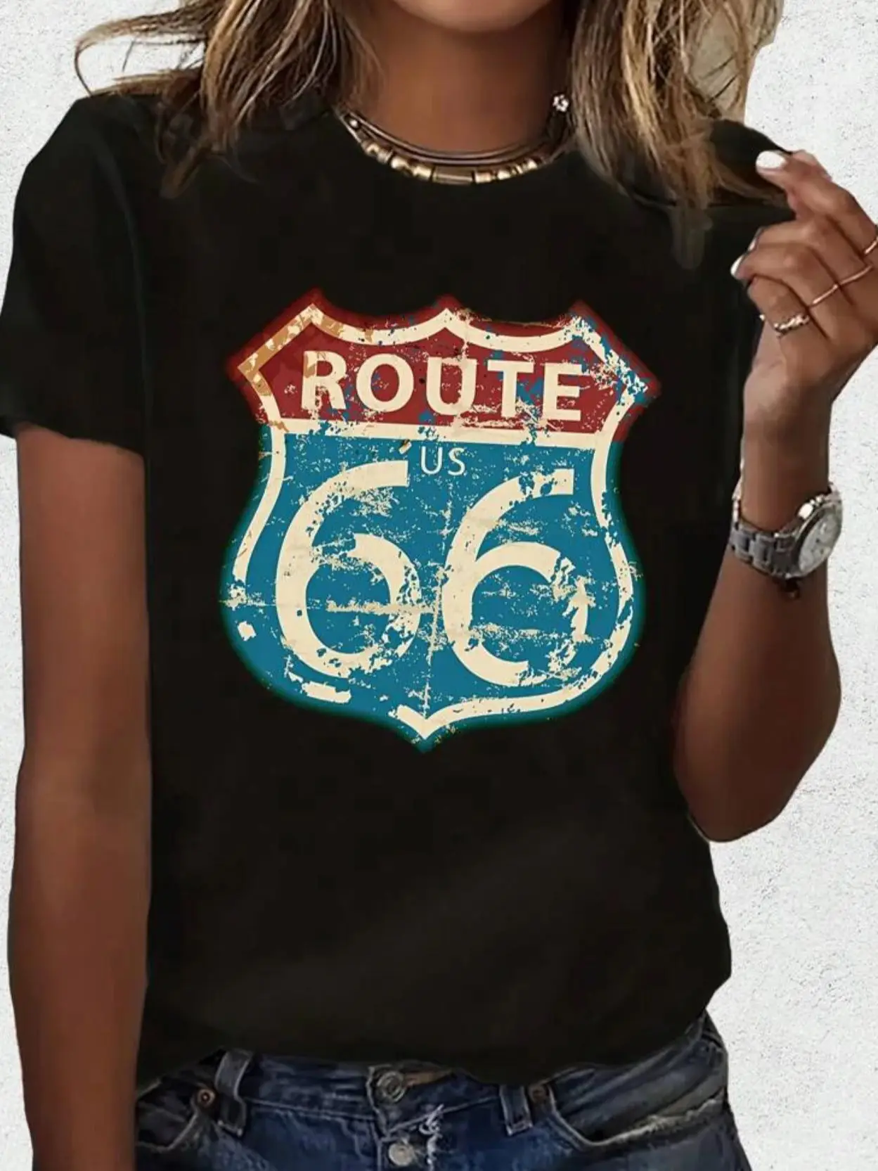 ROUTE 66 Letter Pattern Printed Women's T-shirt Summer Short-sleeved Round-neck Casual T-shirt with Women's Clothing Tops