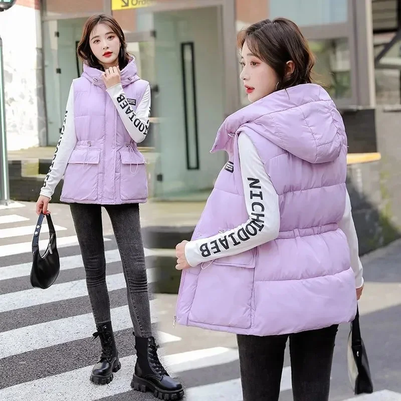 Autumn Winter Short Vest Jacket Women New Loose Stand-Up Collar Hooded Vests Coat Fashion Pure Colour Thicken Waistcoat Female