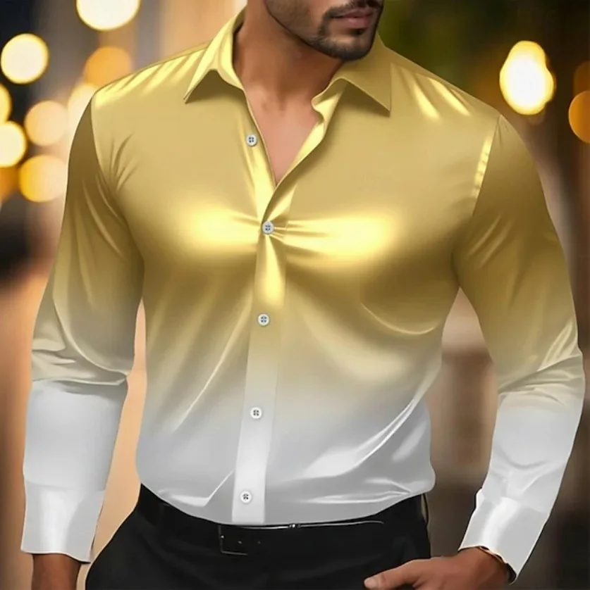 Men's gold white gradient satin long sleeved shirt with glossy button down long sleeved shirt, party top