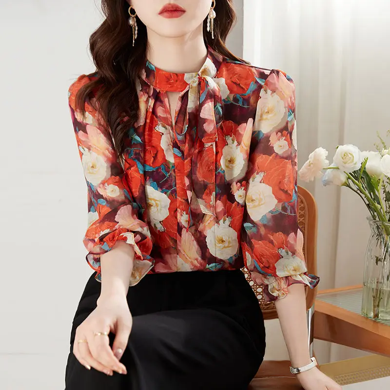 Vintage Printed Lace Up Bow Floral Chiffon Blouse Women\'s Clothing 2023 Autumn New Oversized Casual Tops Office Lady Shirt