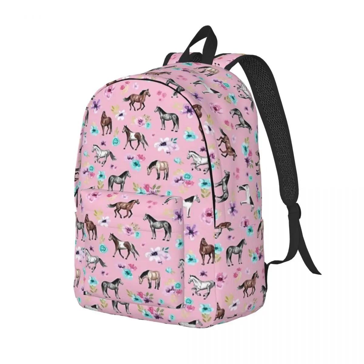 Horses And Flowers On Pink, Equestrian Art, Horse Decor Backpack School Bag Hiking Travel Daypack Fashion Bookbag Shoulder Bags