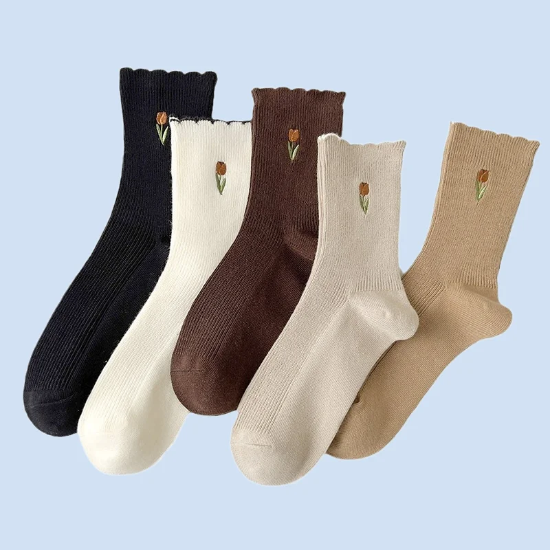 

5/10 Pairs Japanese Socks Women's Autumn and Winter Socks Solid Color Lace Tulip Embroidery Women's Cotton Socks