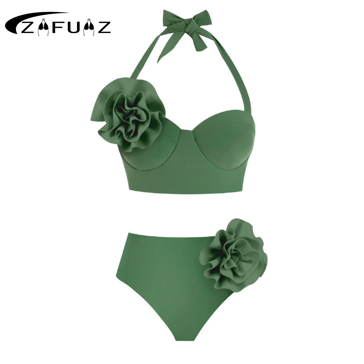 

ZAFUAZ Sexy 3D Flower Bikini Set Brazilian Biquini High Waist Swimwear Push Up SwimSuit Women Solid Swimwear Beach Wear