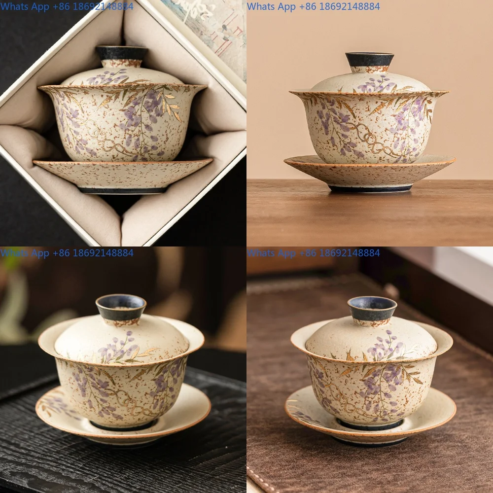 

Blue and white gold hand painted wisteria lidded tea cup high end three piece non slip single teacup