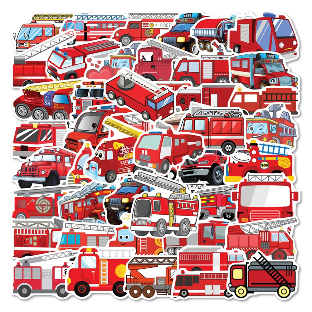 10/30/50/100PCS Cartoon Fire Engine Stickers Kids Decals Toy DIY Notebook Suitcase Phone Fridge Bike PVC Waterproof Sticker Gift