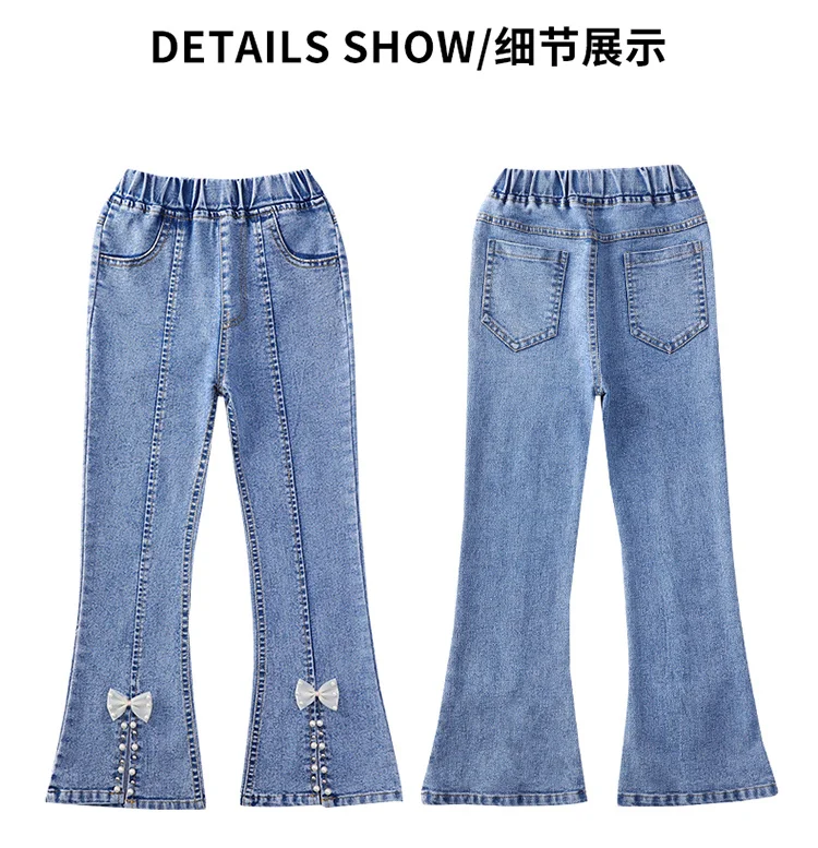 Elegante Kinder-Jeans mit Schlitz und Perlen für Mädchen, schmal geschnittene Denim-Hose mit Schleife, Kinderhose mit Schleife, Größe 5 6 7 8 9 10 11 12 13 14 – Detail 10