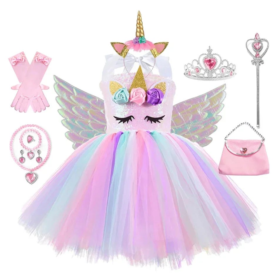 Princess Girls Unicorn Tutu Dress Outfits Pastel Flower Baby Girl Birthday Party Dresses Tulle Kids Halloween Cosplay Costumes