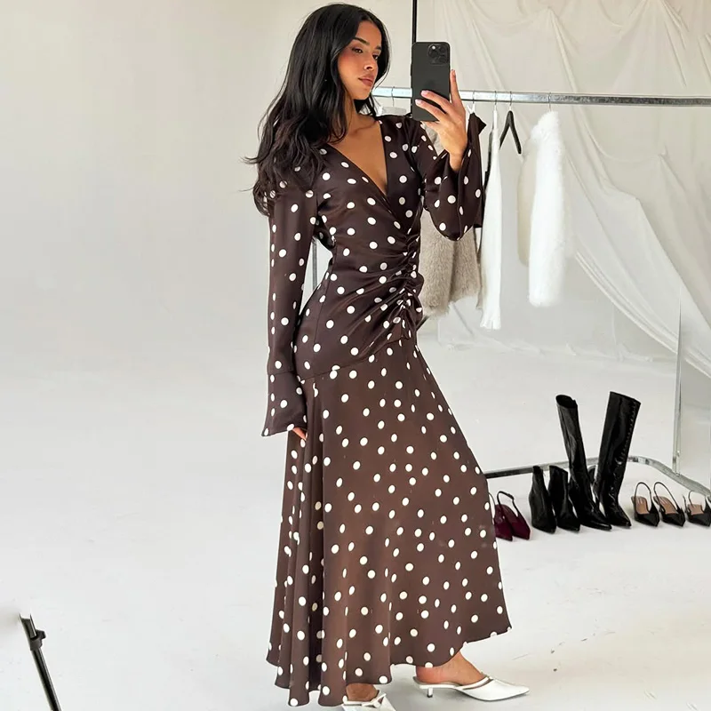 

Ticketsx Elegant V-neck Polka Dot Dress Fashion Ruched Long Sleeve Slim Maxi Dress Women Vintage Street Party Vacation Dress