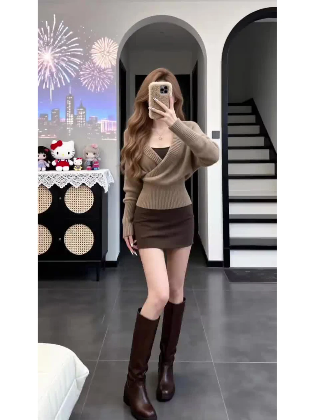 

Корейский стиль: Вязаный свитер с V-образным вырезом и длинными рукавами, женский комплект для коррекции фигуры с утягивающим эффектом на талии, весенний комплект с юбкой-миди и топом-халтером