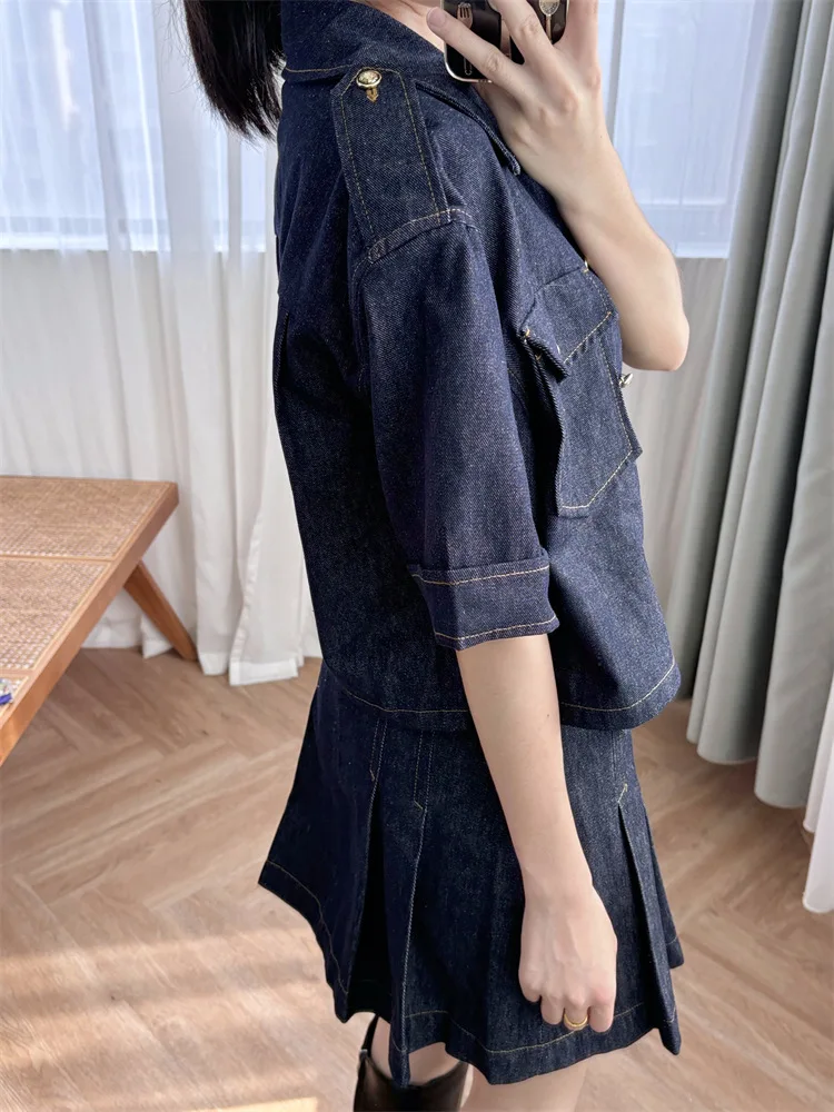 Women's Denim Matching Set, Short Sleeve Jacket and Pleated Skirt, High Street, Chic, Fashionable, Design, Trendy, Stylish,S