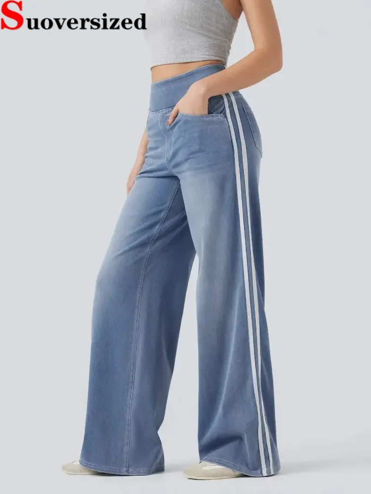 

Полосатая винтажная уличная одежда, эластичные джинсы, женские повседневные широкие эластичные брюки Vaqueros, мешковатые прямые джинсовые брюки в стиле ретро с высокой талией