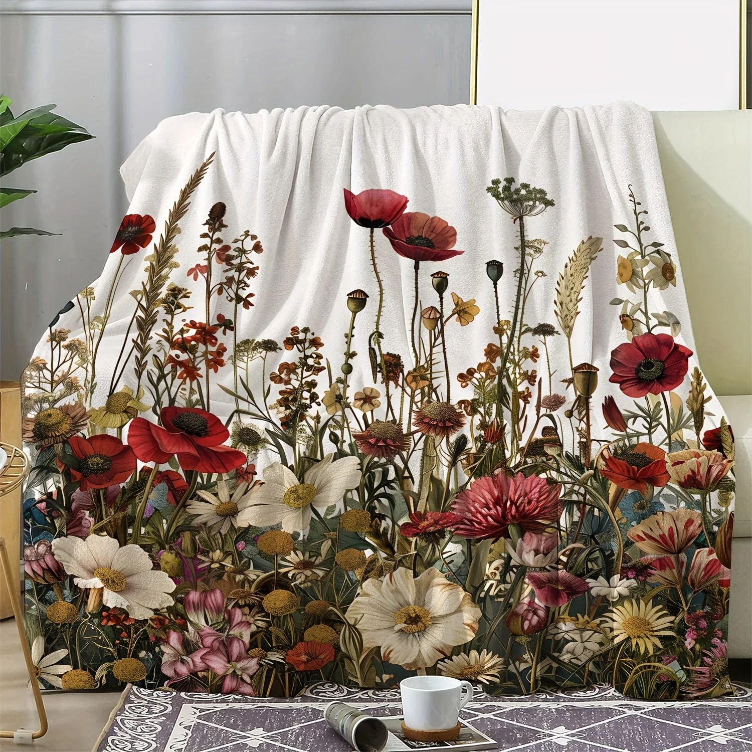Vintage Floral and Poppy Print Flannel Throw Blanket - Soft Cozy Warm Polyester Knit Multipurpose Blanket for Couch, Bed, Office