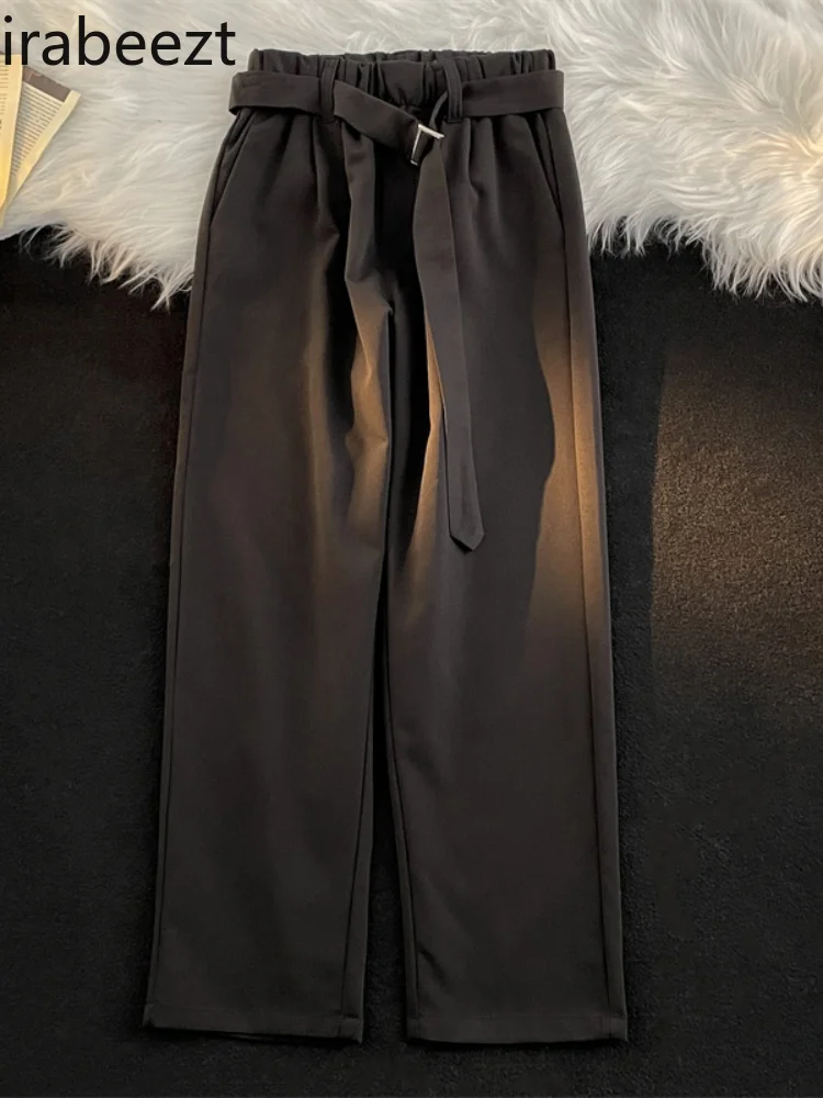 Business Style Solid Color Straight Leg Wide-leg Trousers Men's Retro Loose Drop Belt Suit Pantalones Mujer Pants Women