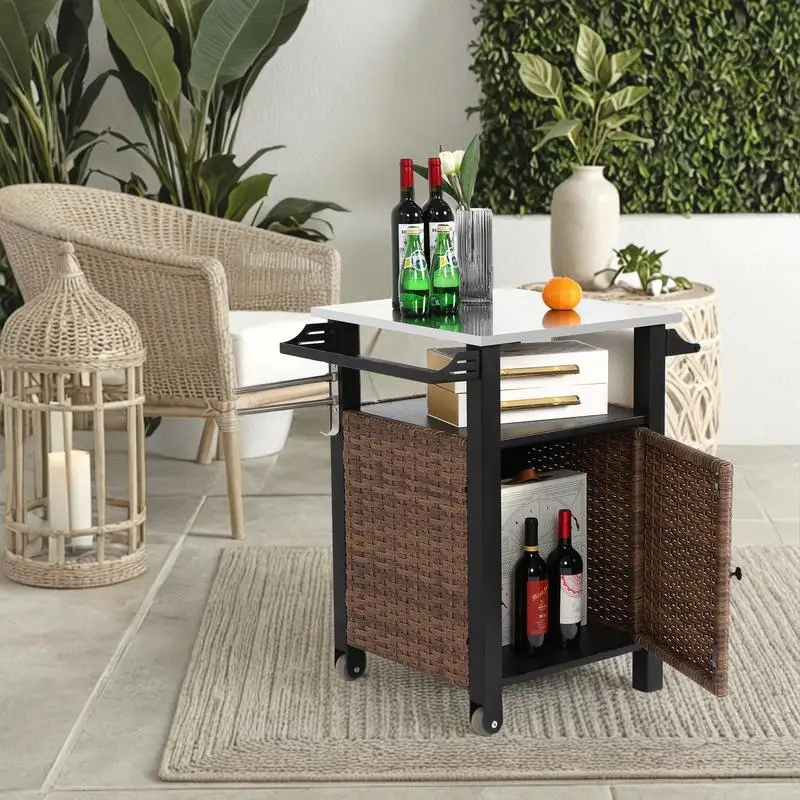 

Outdoor Wicker Bar Cart with Rolling Wheels and Stainless Steel Top, Side Handle for Patio Kitchen or Bar Use, Brown Storage