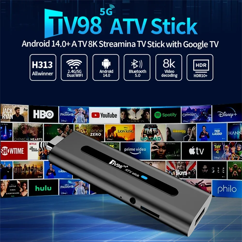 TV98 Mini TV Stick Android 14 TV Stick HDR Set Top Box 8K Video WiFi 2.4/5G Streaming Smart TV Box for Network Media Player