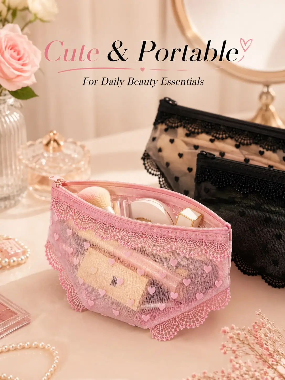 Lace sexy transparent makeup bag, portable travel makeup bag, suitable for eyeliner, makeup brushes, lipstick, skincare products, headphones, eyeshadow palettes, etc., ideal for daily travel, cute stationery storage and toiletry bag