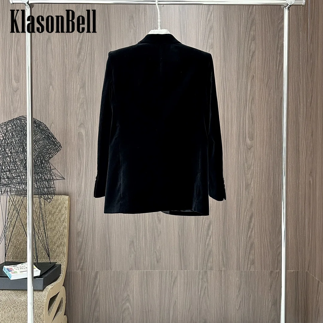 10.10 KlasonBell Women Clothes Temperament Shoulder Pads Velvet Single Button Blazer Lapel Spliced Color Commuter Jacket