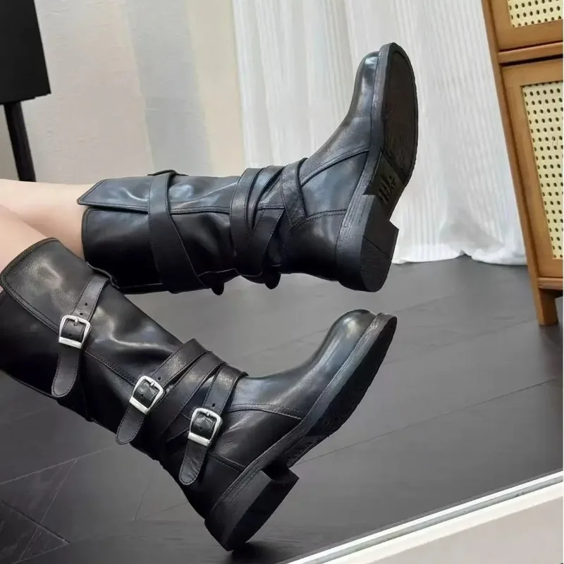 Black Genuine Leather Long Boots Women's Belt Buckle High Tube Leather Boots Folded Pants Versatile Rubber Outsole Knee-High Boo