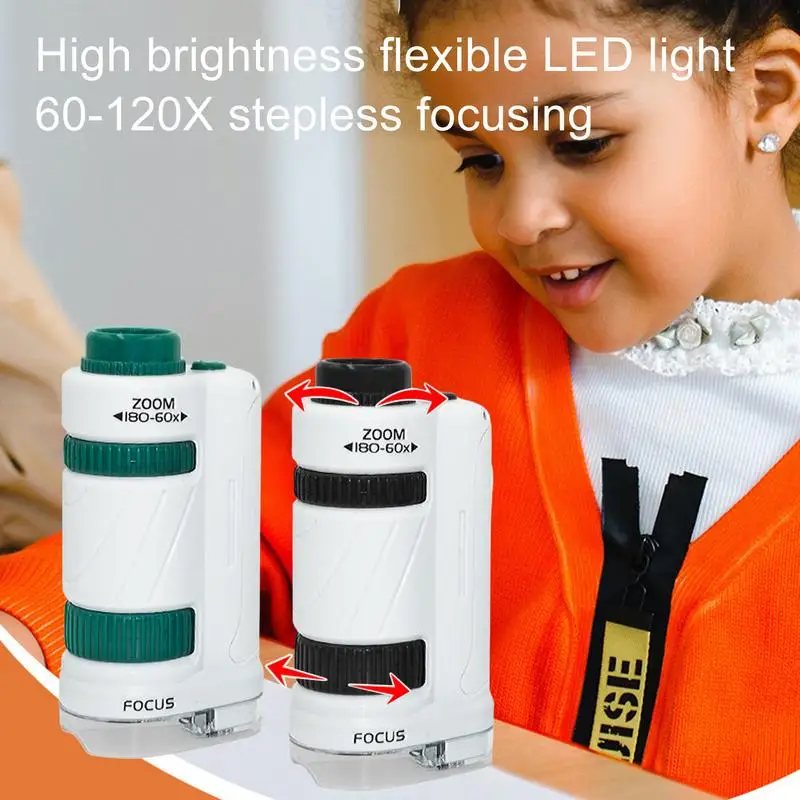 Imagem -02 - Microscópio Portátil para Crianças Science Toy Kit com Luz Led Mini Bolso Educacional Ciência Portátil 60x a 180x